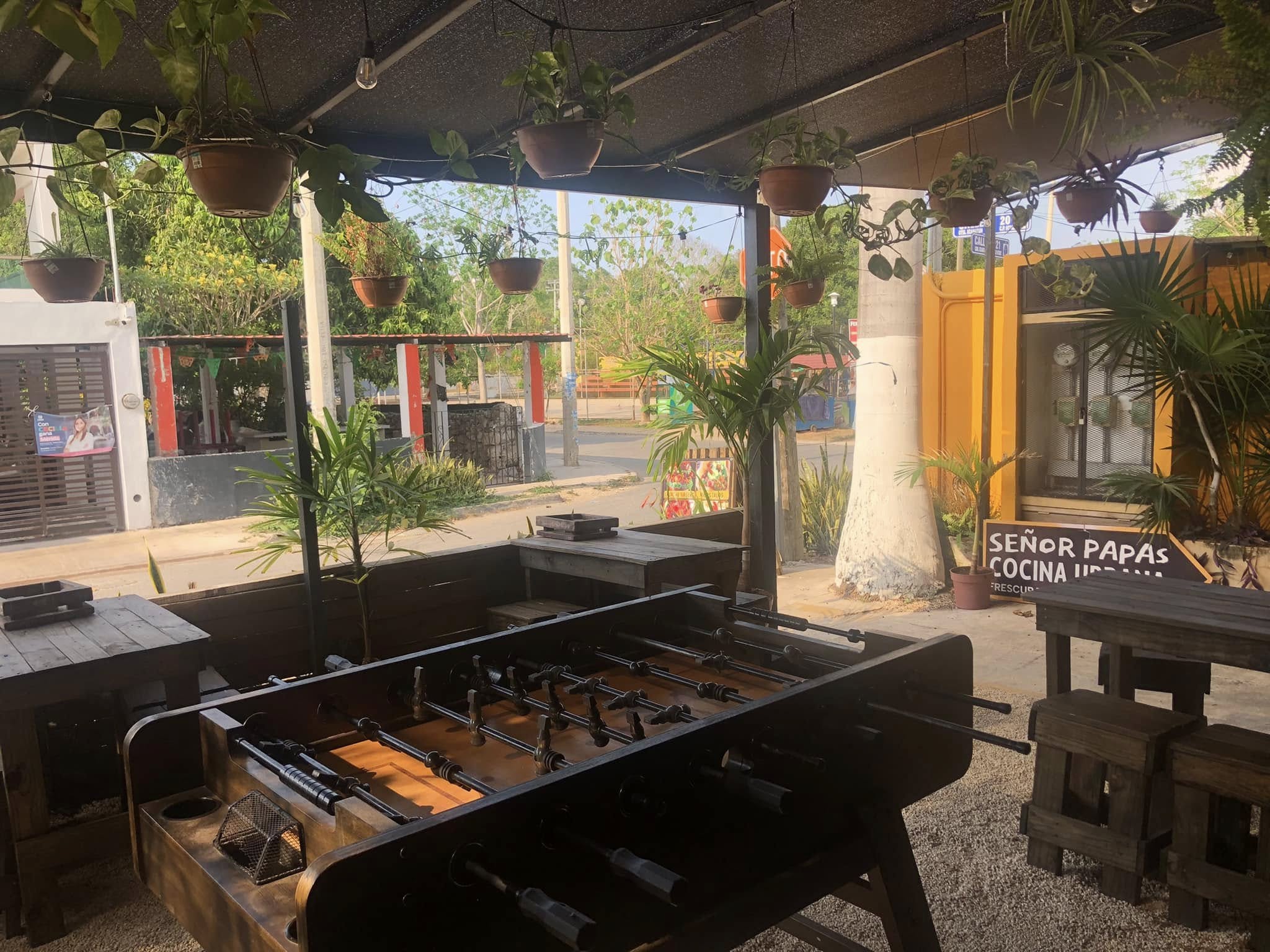 Outdoor seating area with foosball table
